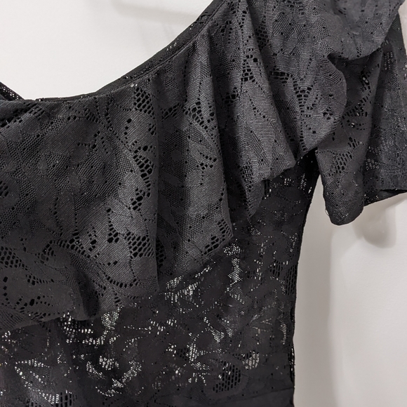 Zara Black Frilled Lace One Shoulder Bodysuit - Picture 5 of 10